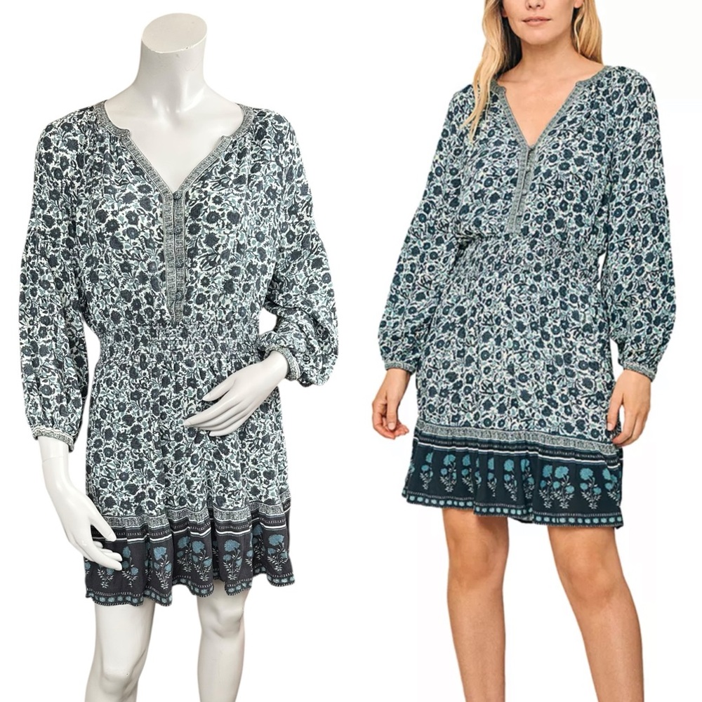 Faherty Montana V Neck Button Front Blue Cream Floral Print Long Sleeve Dress M